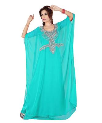 Sky Blue Embroidered Faux Georgette Islamic Kaftan 1