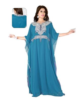 Teal Embroidered Faux Georgette Islamic Kaftan 1