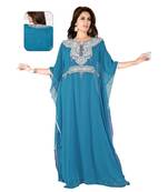 Teal Embroidered Faux Georgette Islamic Kaftan