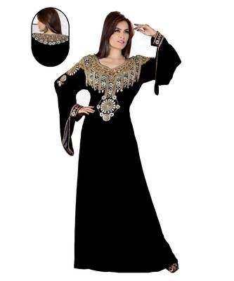 Black Embroidered Faux Georgette Islamic Kaftan 1