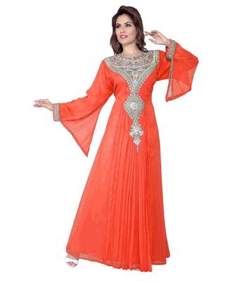 Coral Embroidered Faux Georgette Islamic Kaftan 1