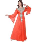 Coral Embroidered Faux Georgette Islamic Kaftan