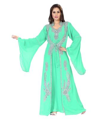 Mint Embroidered Faux Georgette Islamic Kaftan 1