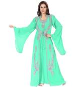 Mint Embroidered Faux Georgette Islamic Kaftan
