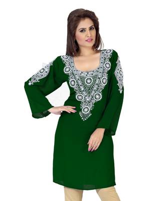 Bottle Green Embroidered Faux Georgette Kurti 1