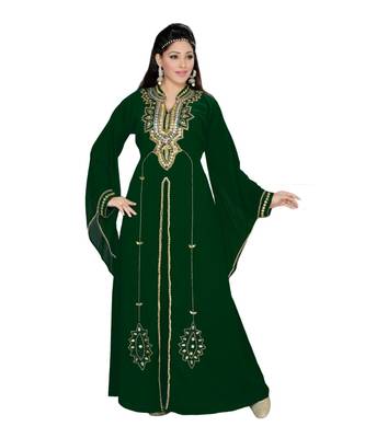 Bottle Green Embroidered Faux Georgette Islamic Kaftan 1