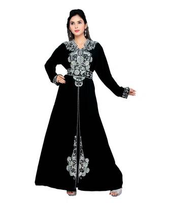 Black Embroidered Faux Georgette Islamic Kaftan 1