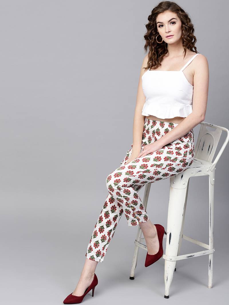 Off White Floral Pencil Pants