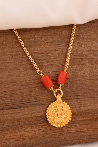 Golden box chain and coral necklace30" with Laxmi coin pendant one gram gold