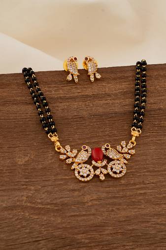 Black beads mangalsutra MEDIUM length with diamond pendant and earrings set one gram gold