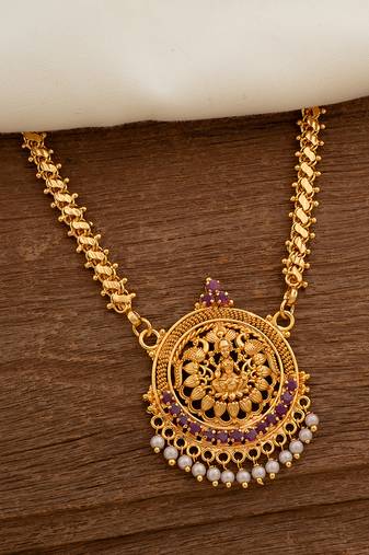 Golden flat chain with Laxmi pendant and pearl hangings MEDIUM length one gram gold