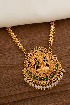 Golden flat chain with Laxmi pendant and pearl hangings MEDIUM length one gram gold 1