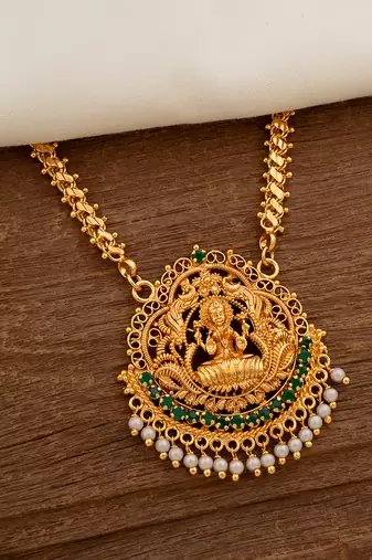 Golden flat chain with Laxmi pendant and pearl hangings MEDIUM length one gram gold