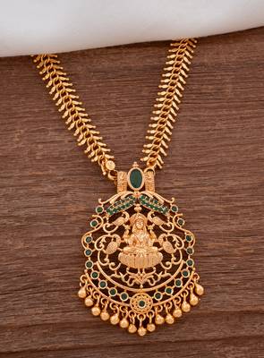Golden necklace short with Laxmi pendant Emerald one gram gold 1