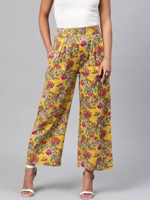 Yellow & Red Floral Pleated Palazzo Pants 1
