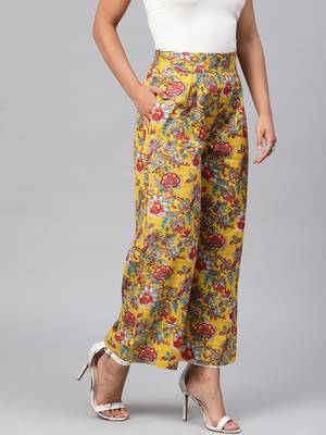 Yellow & Red Floral Pleated Palazzo Pants 4