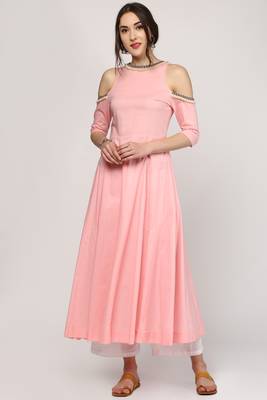 Pink Cold Shoulder Kurta with Embroidered Lace 1