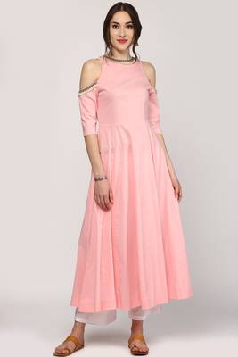 Pink Cold Shoulder Kurta with Embroidered Lace 2