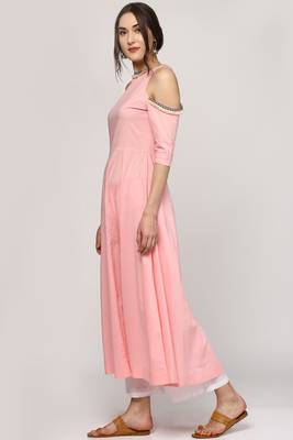 Pink Cold Shoulder Kurta with Embroidered Lace 4