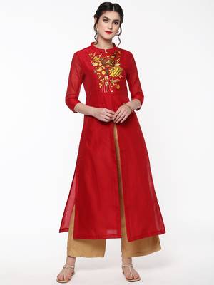 Red Embroidered Front & Side Slit Kurta 1