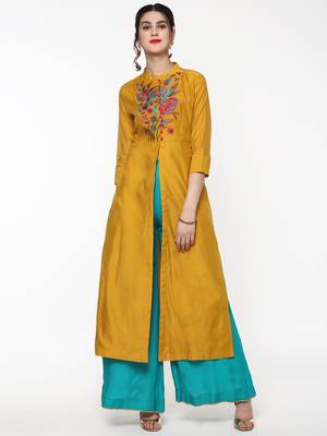 Mustard Embroidered Front & Side Slit Kurta 1