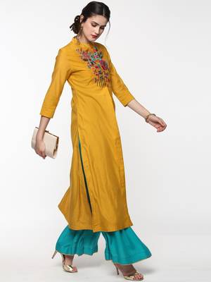 Mustard Embroidered Front & Side Slit Kurta 2