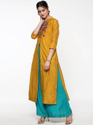 Mustard Embroidered Front & Side Slit Kurta 4