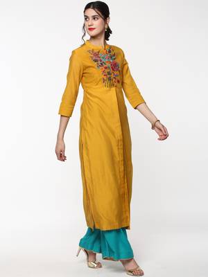Mustard Embroidered Front & Side Slit Kurta 5