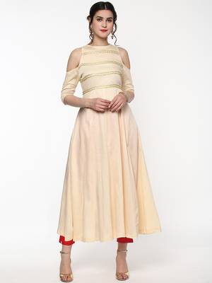 Cream Cold Shoulder Anarkali with Gota Lace 1