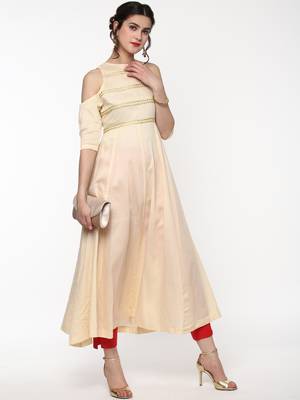 Cream Cold Shoulder Anarkali with Gota Lace 2