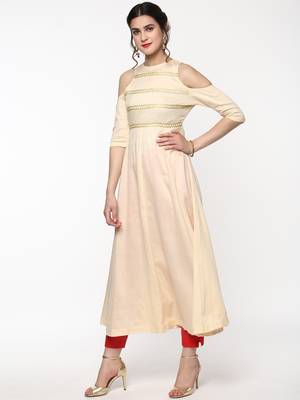 Cream Cold Shoulder Anarkali with Gota Lace 4