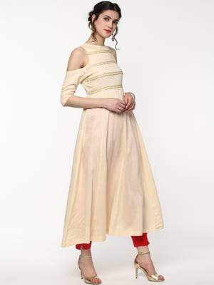 Cream Cold Shoulder Anarkali with Gota Lace 5