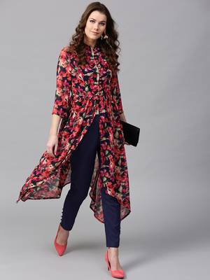 Navy Red floral_print Asymmetrical Kurta 1
