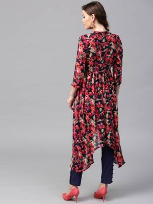 Navy Red floral_print Asymmetrical Kurta 2