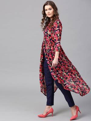 Navy Red floral_print Asymmetrical Kurta 3
