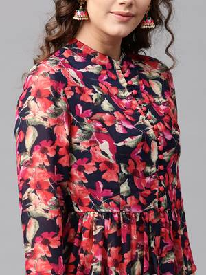 Navy Red floral_print Asymmetrical Kurta 4