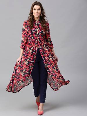Navy Red floral_print Asymmetrical Kurta 5
