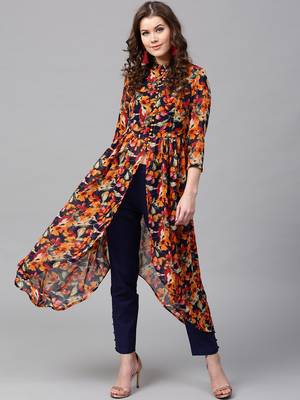 Navy Orange floral_print Asymmetrical Kurta 1