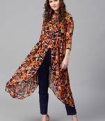 Navy Orange floral_print Asymmetrical Kurta