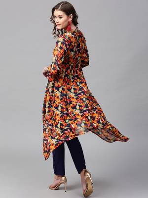 Navy Orange floral_print Asymmetrical Kurta 2