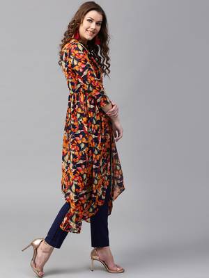 Navy Orange floral_print Asymmetrical Kurta 3