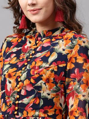 Navy Orange floral_print Asymmetrical Kurta 4