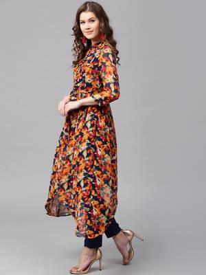 Navy Orange floral_print Asymmetrical Kurta 5
