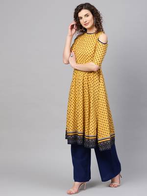 Yellow & Navy Booti Cold Shoulder Anarkali 1