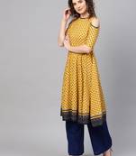 Yellow & Navy Booti Cold Shoulder Anarkali