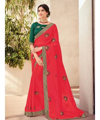 red embroidered georgette saree with blouse 1