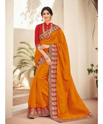 orange embroidered silk blend saree with blouse 1