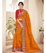 orange embroidered silk blend saree with blouse
