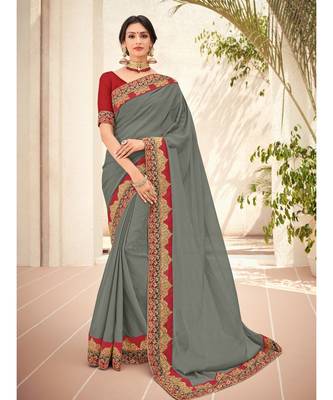 grey embroidered chiffon saree with blouse 1