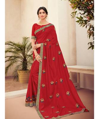 red embroidered silk blend saree with blouse 1